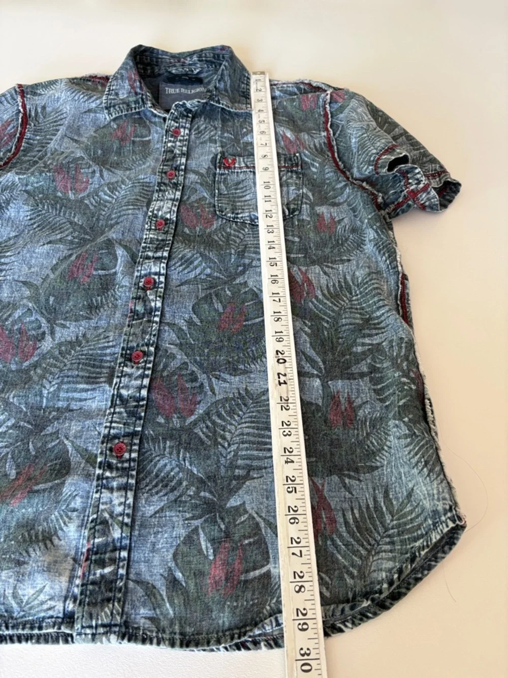 True Religion Palm Leaf Tropical Printed Denim Look Shirt Button Front Size XL